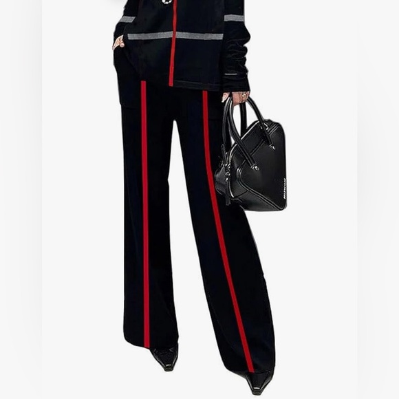UOOZEE Women's Striped black and red High Waist Wide Leg Pants with Pockets - Picture 1 of 16
